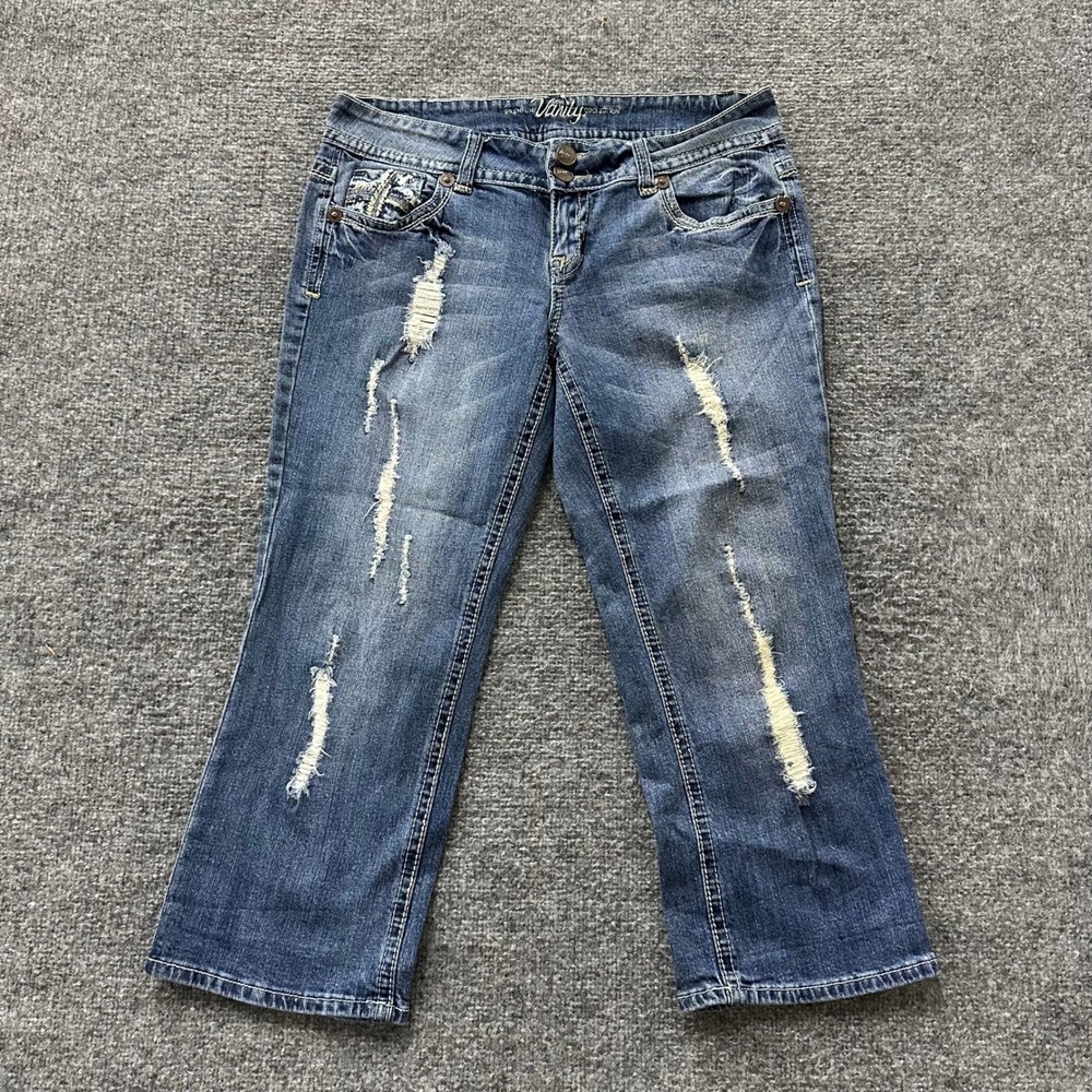 Vanity Jeans Womens Size 30 Blue Distressed Capri Cropped Denim Stretch